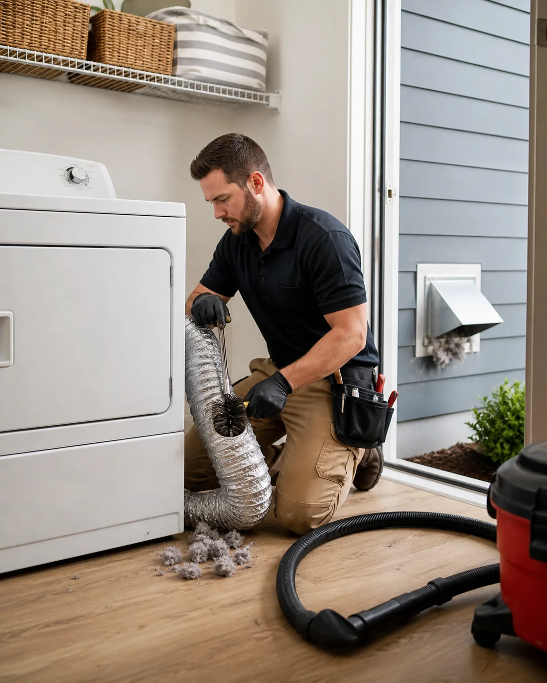 Laundry room with washer and dryer for dryer vent maintenance